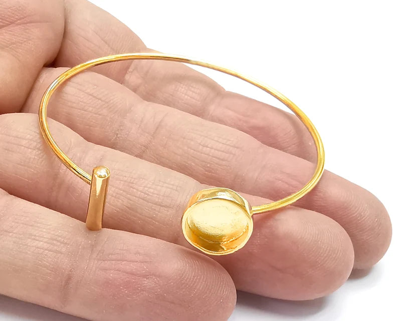 Rod Round Bracelet Blank Cuff Bezels Cabochon Bases Resin Mountings, Cuff Frame Adjustable Shiny Gold Plated Brass (10 mm bezel) G26678