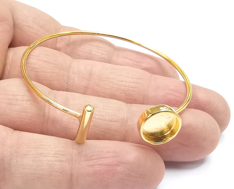Rod Round Bracelet Blank Cuff Bezels Cabochon Bases Resin Mountings, Cuff Frame Adjustable Shiny Gold Plated Brass (10 mm bezel) G26678