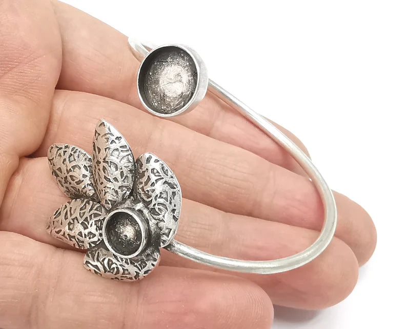 Leaves Leaf Silver Bracelet Blank Resin Cuff Dry Bezel Cabochon Base Adjustable Antique Silver Plated Brass (12 - 8mm Blanks) G26679