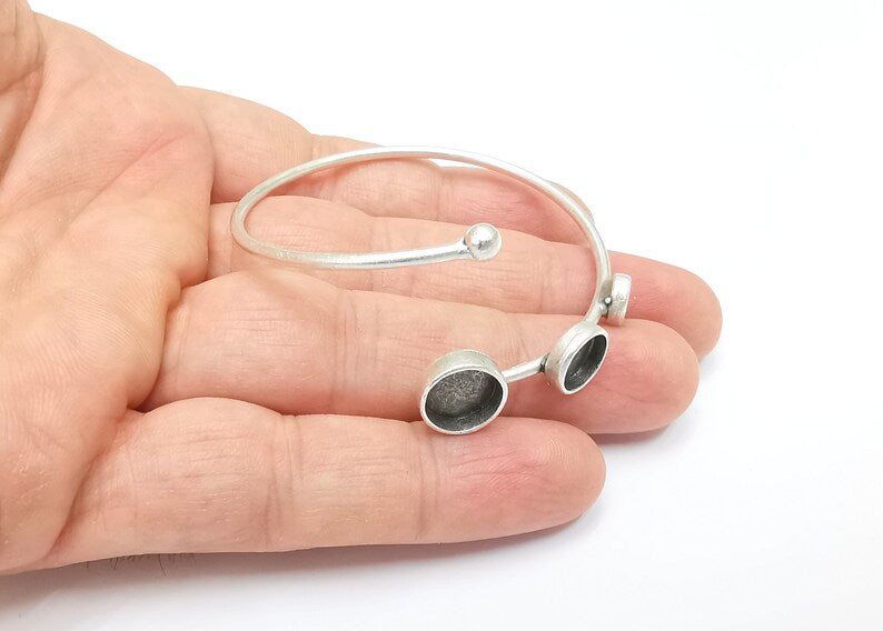 Silver Ball Head Bracelet Brass Cuff Blank Bezel Cabochon Base Adjustable Antique Silver (10mm + 8mm + 6mm blanks) G26456