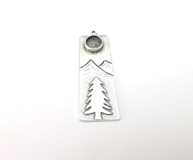 Mountain Pine Tree Pendant Blank Resin Bezel Mosaic Mountings Cabochon Setting Antique Silver Plated Brass (55x20mm)(8mm Blank) G26457