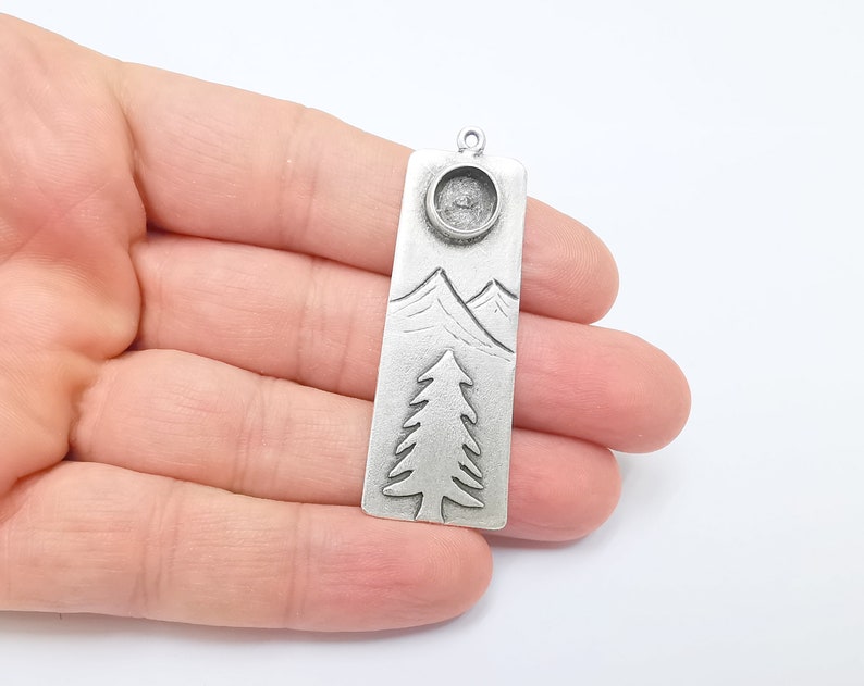 Mountain Pine Tree Pendant Blank Resin Bezel Mosaic Mountings Cabochon Setting Antique Silver Plated Brass (55x20mm)(8mm Blank) G26457