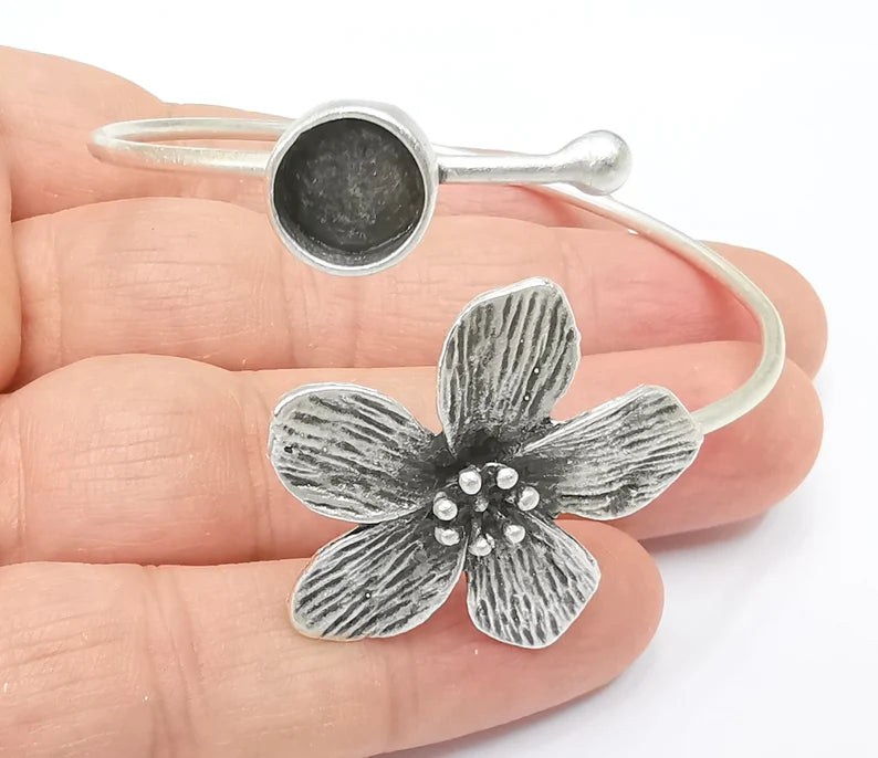 Flower Ball Head Bracelet Brass Cuff Blank Bezel Cabochon Base Adjustable Antique Silver (10mm blanks) G26459