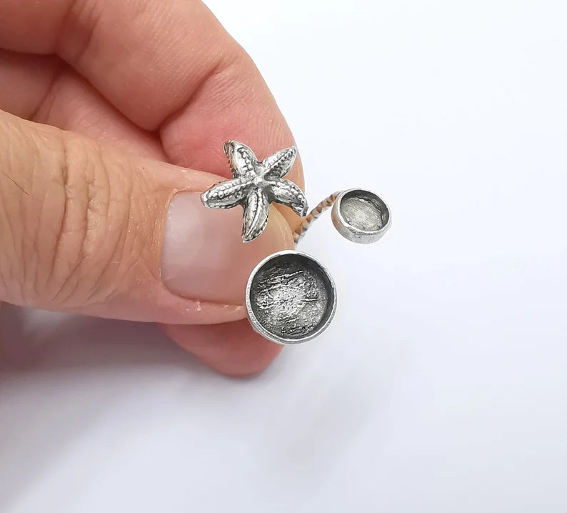 Starfish Blank Silver Ring Setting Cabochon Mounting Adjustable Ring Base Bezel Antique Silver Plated Brass (10mm - 6mm blanks) G26460