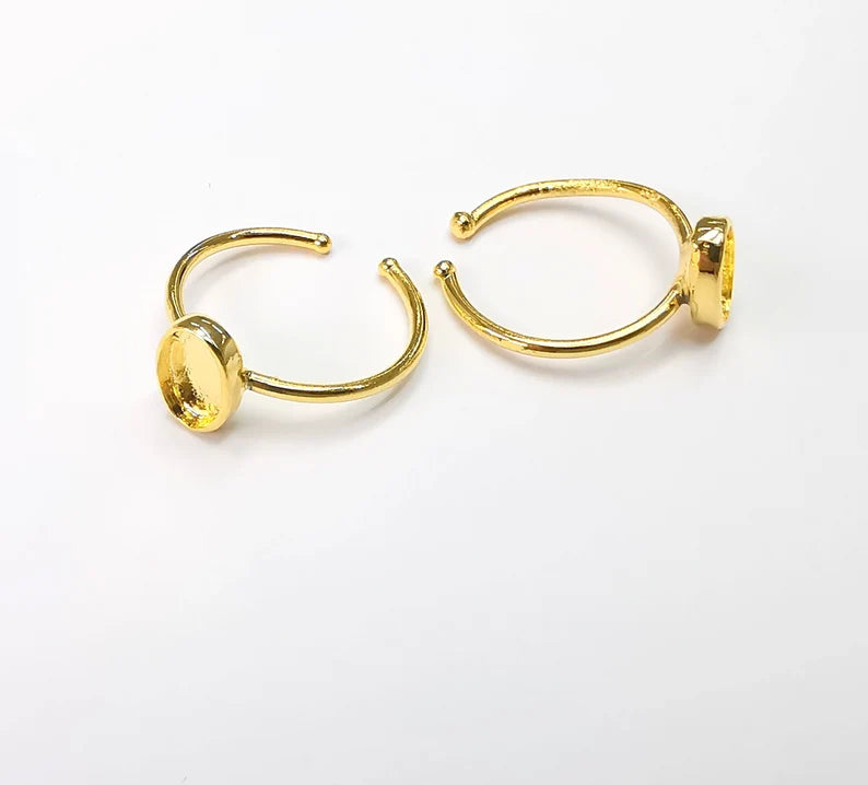 Shiny Gold Ring Bezels Settings Resin Backs Cabochon Mounting Gold Plated Brass Adjustable Ring Base (9x6mm blank) G26680