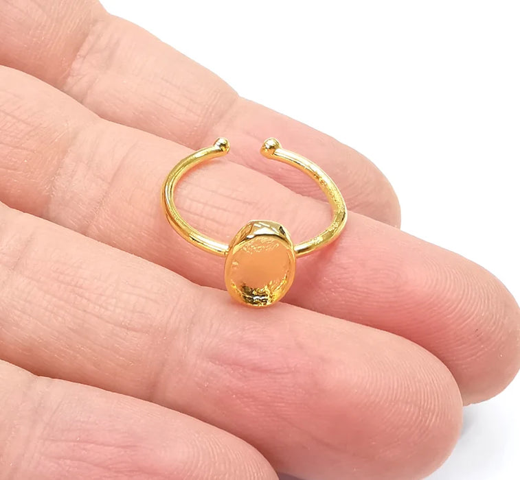 Shiny Gold Ring Bezels Settings Resin Backs Cabochon Mounting Gold Plated Brass Adjustable Ring Base (9x6mm blank) G26680
