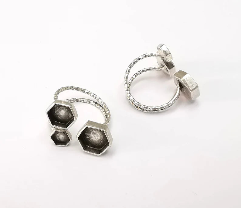 Hexagon Ring Bases, Ring Blanks, Ring Bezel Setting, Ring Frame, Cabochon Mountings Adjustable Antique Silver Plated Brass G26462