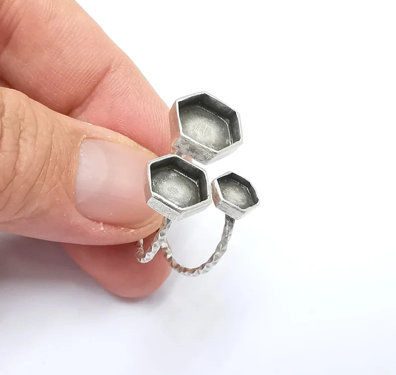 Hexagon Ring Bases, Ring Blanks, Ring Bezel Setting, Ring Frame, Cabochon Mountings Adjustable Antique Silver Plated Brass G26462