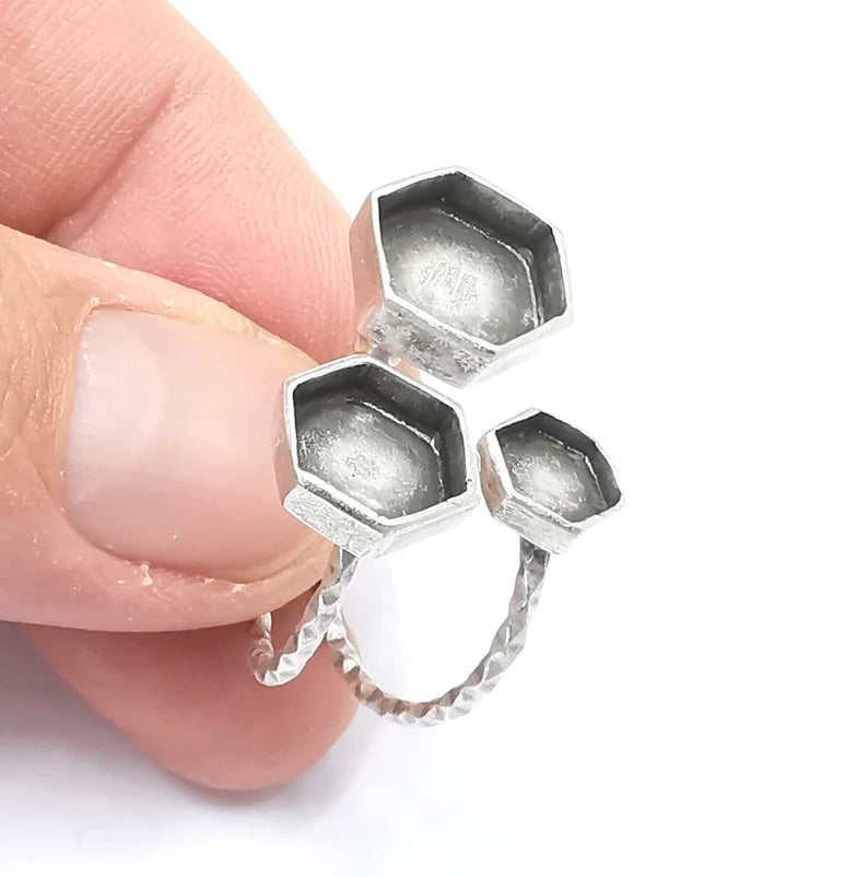 Hexagon Ring Bases, Ring Blanks, Ring Bezel Setting, Ring Frame, Cabochon Mountings Adjustable Antique Silver Plated Brass G26462