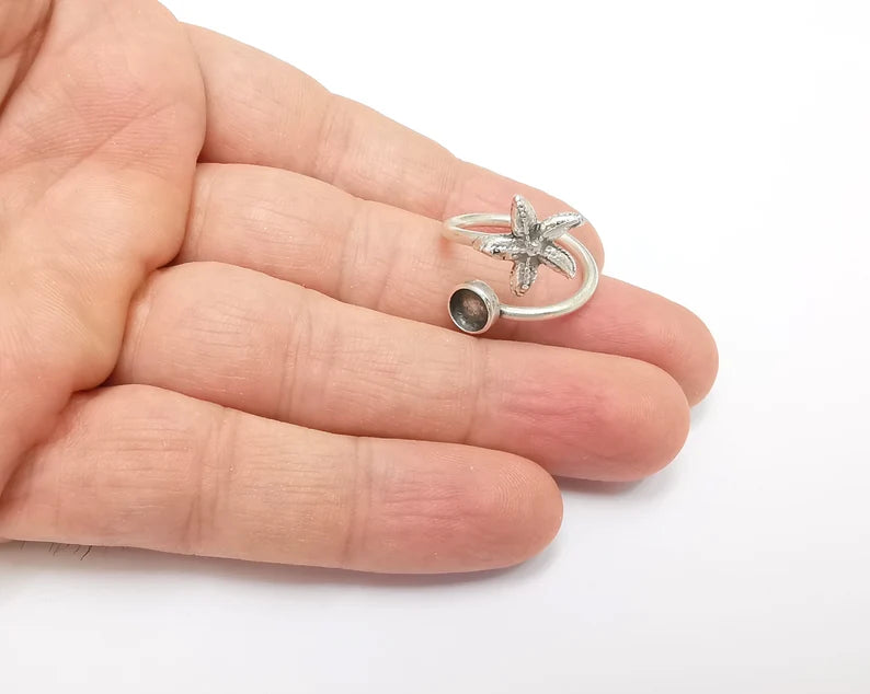 Starfish Blank Silver Ring Setting Cabochon Mounting Adjustable Ring Base Bezel Antique Silver Plated Brass ( 6mm blanks ) G26467