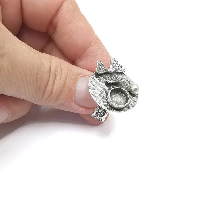 Flower Ball Hammered Disc Blank Silver Ring Setting Cabochon Mounting Adjustable Ring Base Bezel Antique Silver Plated Brass (8mm) G26469