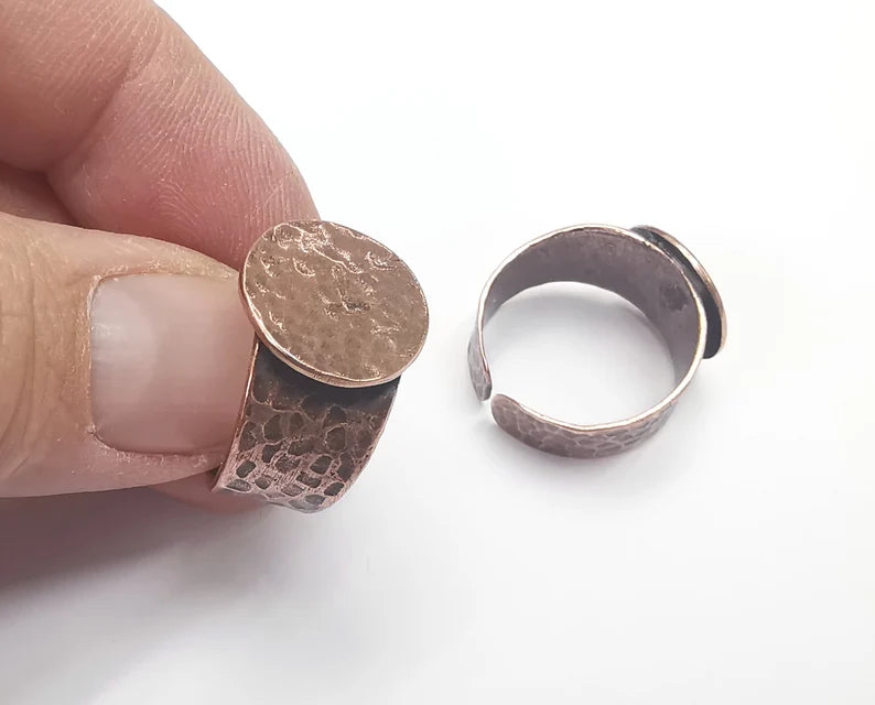 Hammered Adjustable Ring Blank (Large Size) (15mm blank ) Antique Copper Plated Brass G26684