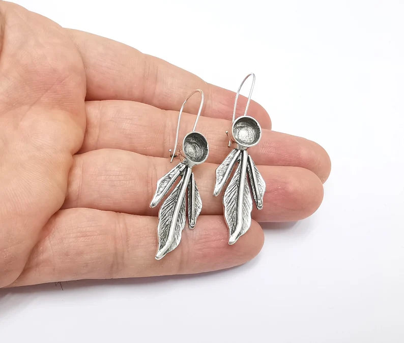 Leaf Earring Blank Base Settings Silver Resin Cabochon İnlay Blank Mountings Antique Silver Plated Brass (8mm blanks) 1 Set G26471