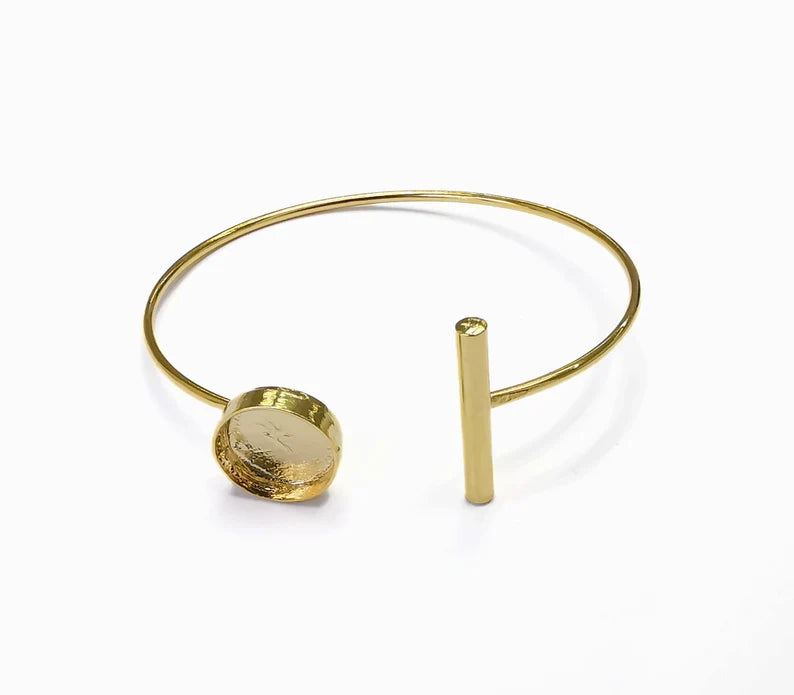 Shiny Gold Rod Bracelet Blanks, Cuff Bezels Cabochon Cuff Bases Resin Mountings, Cuff Frame, Adjustable Gold Plated Brass(12mm bezel) G28271