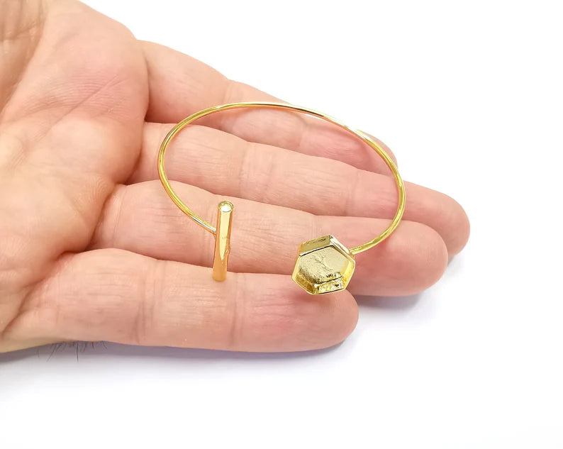 Shiny Gold Hexagon Bracelet Blanks, Cuff Bezels Cabochon Bases Resin Mountings, Cuff Frame, Adjustable Gold Plated Brass(10mm bezel) G26479