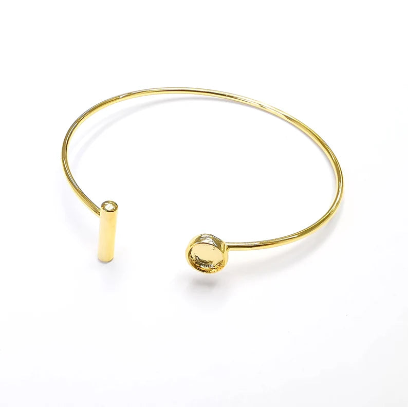 Shiny Gold Rod Bracelet Blanks, Cuff Bezels Cabochon Cuff Bases Resin Mountings, Cuff Frame, Adjustable Gold Plated Brass(6mm bezel) G26482