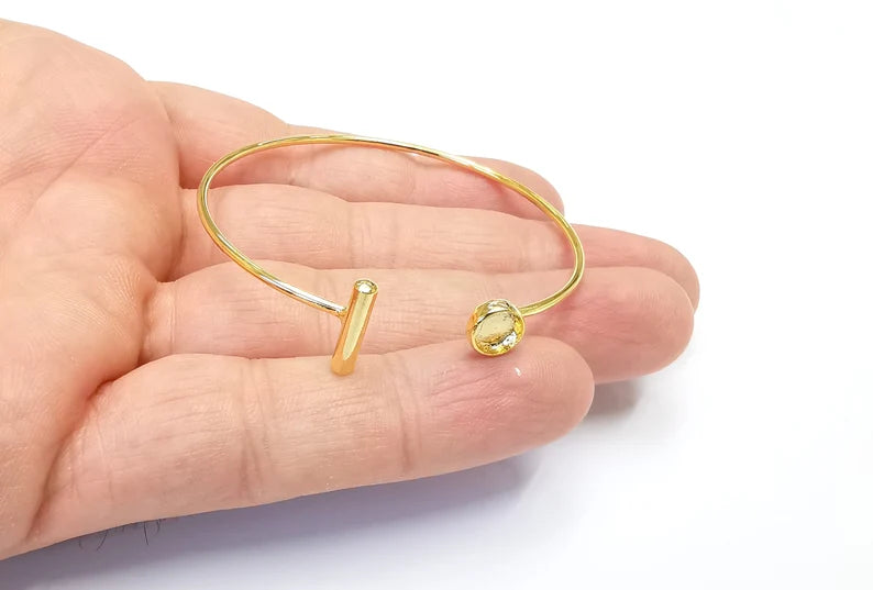Shiny Gold Rod Bracelet Blanks, Cuff Bezels Cabochon Cuff Bases Resin Mountings, Cuff Frame, Adjustable Gold Plated Brass(6mm bezel) G26482