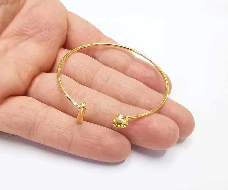 Shiny Gold Rod Bracelet Blanks, Cuff Bezels Cabochon Cuff Bases Resin Mountings, Cuff Frame, Adjustable Gold Plated Brass(6mm bezel) G26482