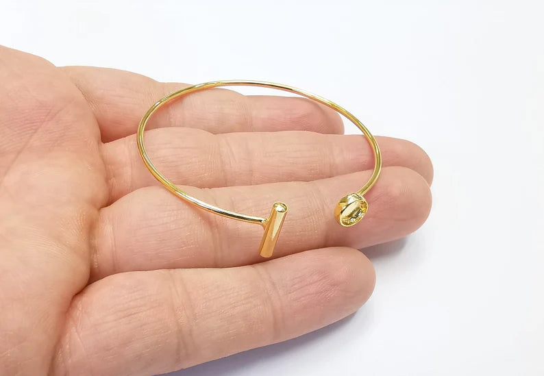 Shiny Gold Rod Bracelet Blanks, Cuff Bezels Cabochon Cuff Bases Resin Mountings, Cuff Frame, Adjustable Gold Plated Brass(6mm bezel) G26482