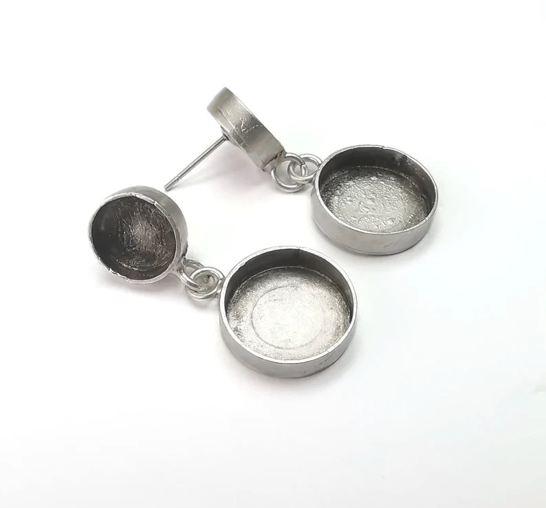Earring Blank Backs Base Setting Silver Resin Blank Cabochon Base İnlay Blank Mounting Antique Silver Plated (14mm+10mm) 1 Pair G26693