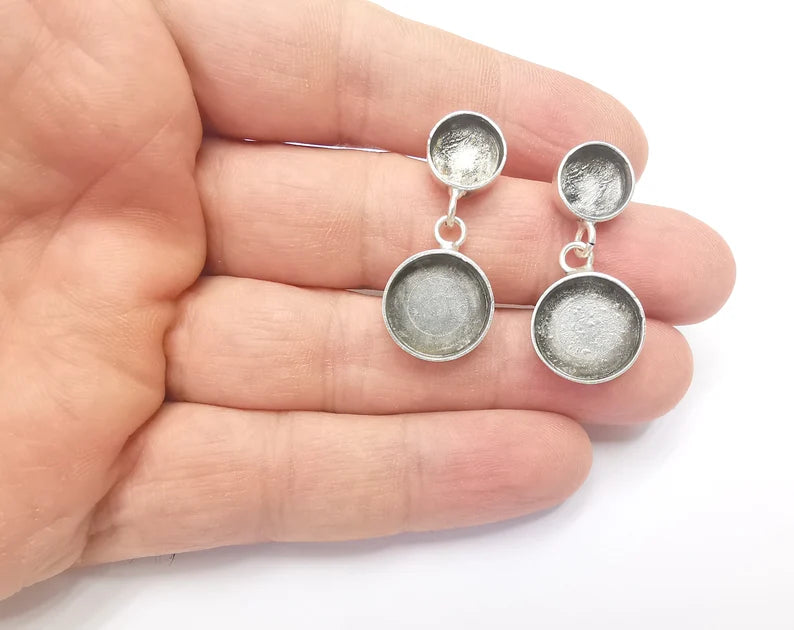 Earring Blank Backs Base Setting Silver Resin Blank Cabochon Base İnlay Blank Mounting Antique Silver Plated (14mm+10mm) 1 Pair G26693