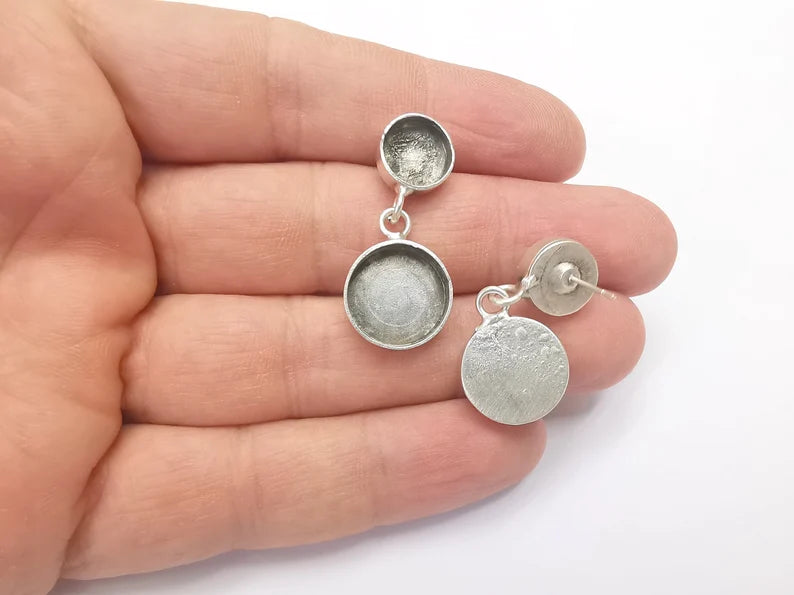 Earring Blank Backs Base Setting Silver Resin Blank Cabochon Base İnlay Blank Mounting Antique Silver Plated (14mm+10mm) 1 Pair G26693
