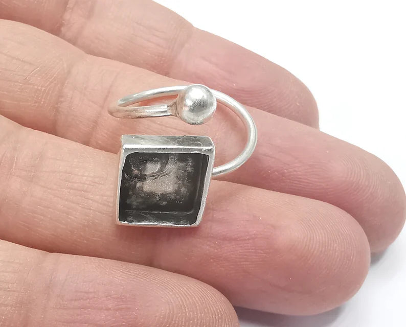 Ring Blanks Silver Square Ring Setting Cabochon Mounting Adjustable Ring Base Bezel Antique Silver Plated Brass (8mm Blank) G26694