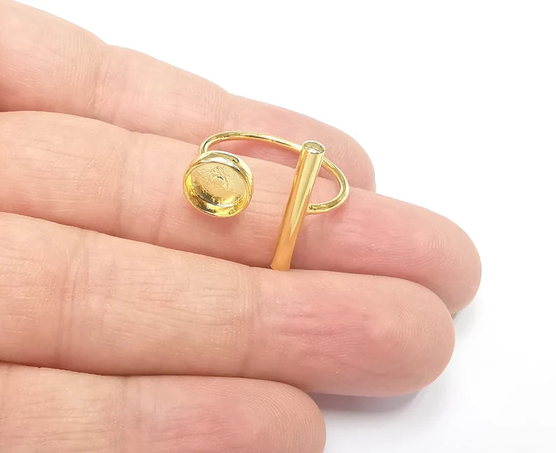 Rod Round Shiny Gold Ring Bezels Settings Resin Backs Cabochon Mounting Gold Plated Brass Adjustable Ring Base (8mm blank) G26698