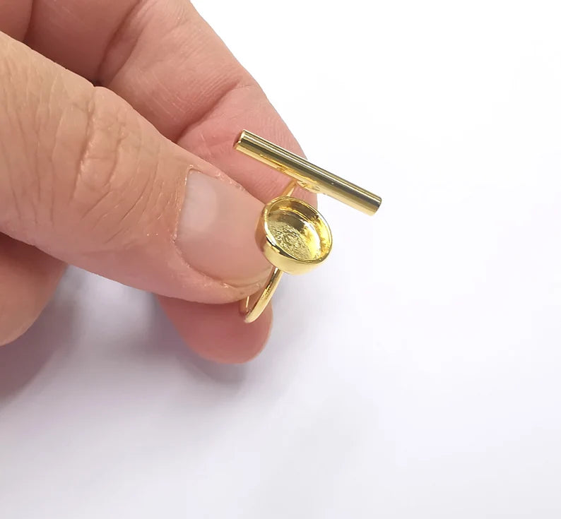 Rod Round Shiny Gold Ring Bezels Settings Resin Backs Cabochon Mounting Gold Plated Brass Adjustable Ring Base (8mm blank) G26698