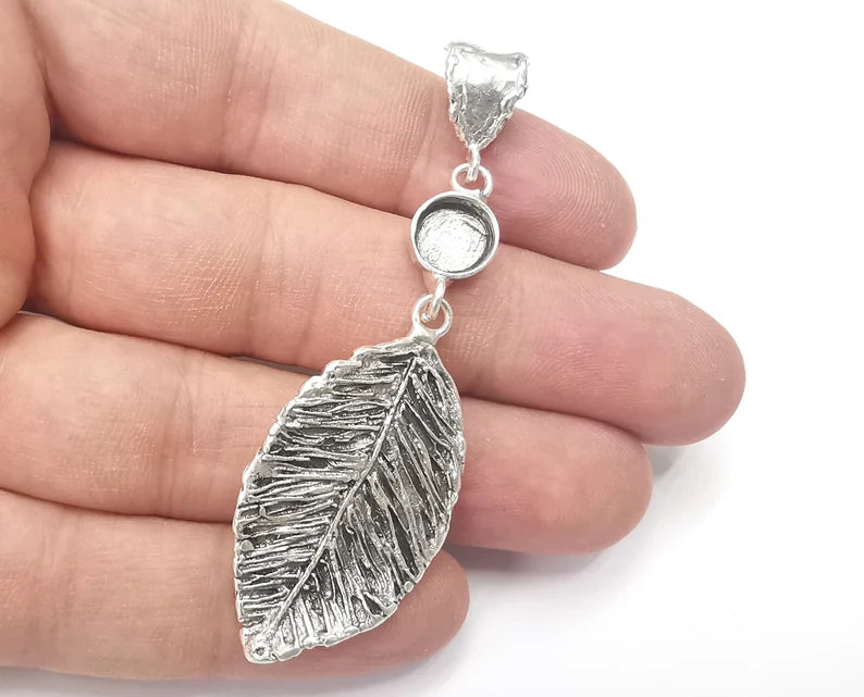 Leaf Dangle Pendant Blank Resin Bezel Mosaic Mountings Cabochon Setting Antique Silver Plated Brass (75x23mm)(8mm Bezel Size) G26696