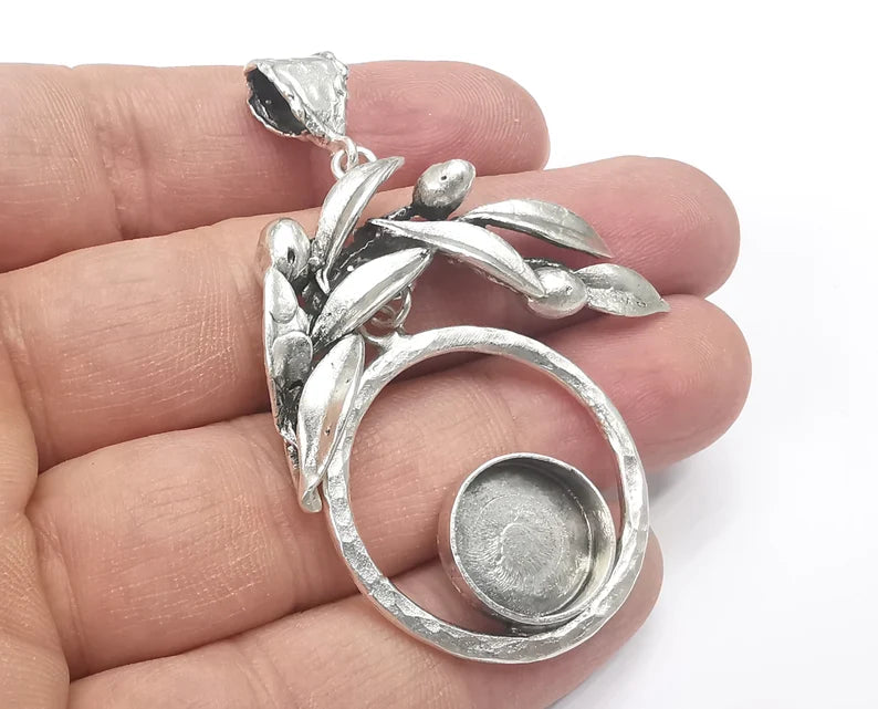 Leaf Fruit Dangle Pendant Blank Resin Bezel Mosaic Mountings Cabochon Setting Antique Silver Plated Brass (67x44mm)(14mm Bezel Size) G26699
