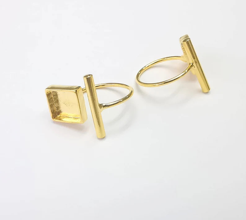 Rod Square Shiny Gold Ring Bezels Settings Resin Backs Cabochon Mounting Gold Plated Brass Adjustable Ring Base (10mm blank) G26704