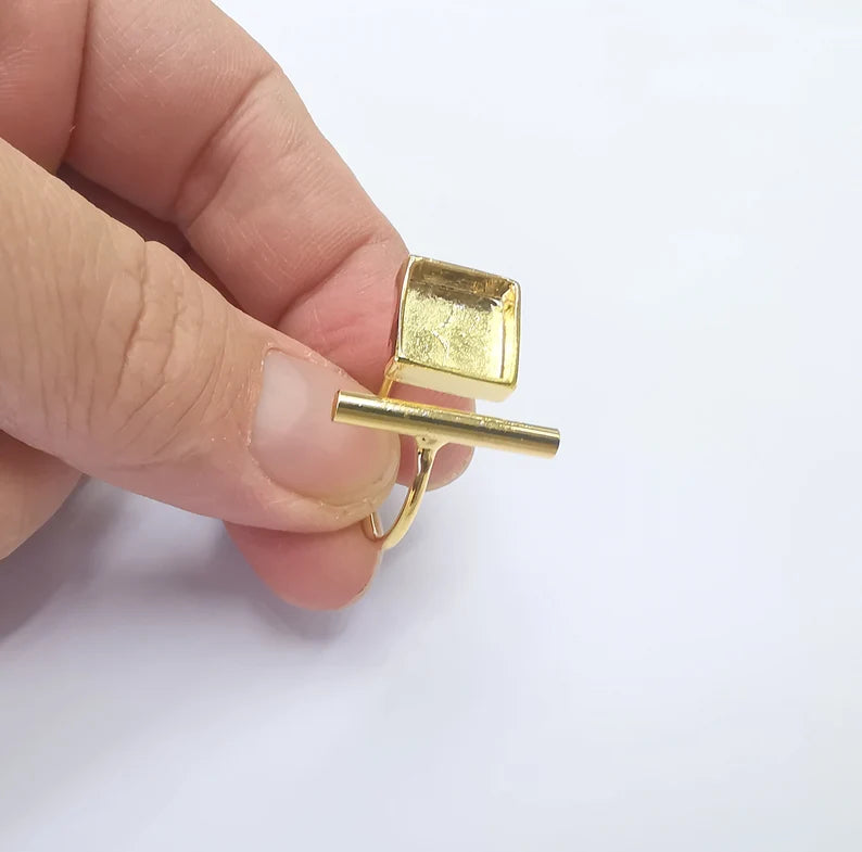 Rod Square Shiny Gold Ring Bezels Settings Resin Backs Cabochon Mounting Gold Plated Brass Adjustable Ring Base (10mm blank) G26704