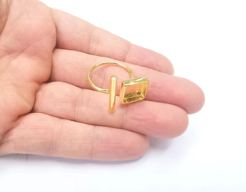Rod Square Shiny Gold Ring Bezels Settings Resin Backs Cabochon Mounting Gold Plated Brass Adjustable Ring Base (10mm blank) G26704