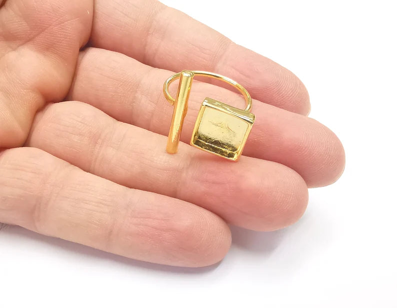 Rod Square Shiny Gold Ring Bezels Settings Resin Backs Cabochon Mounting Gold Plated Brass Adjustable Ring Base (10mm blank) G26704
