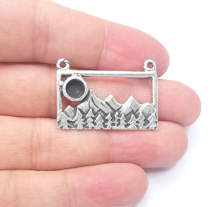 Mountain Landscape Forest Pine Tree Pendant Blank Resin Bezel Mounting Cabochon Base Setting Antique Silver Plated Charms (6mm Blank) G26712