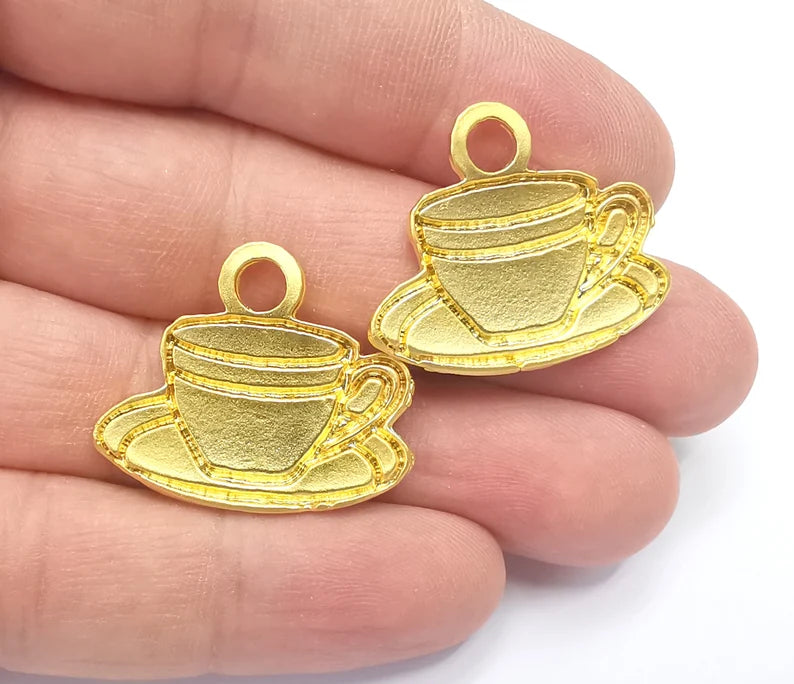 2 Coffee Cup Charms Gold Plated Charms (30x25mm) G26706