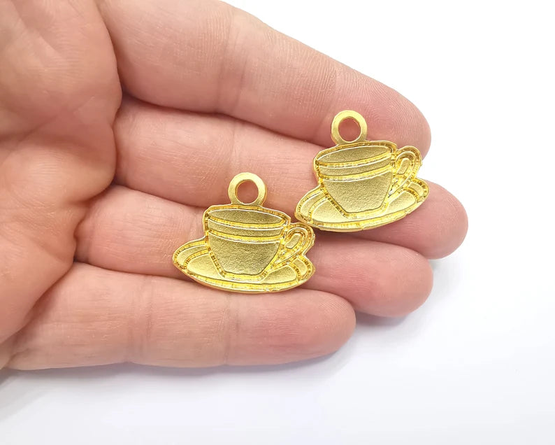 2 Coffee Cup Charms Gold Plated Charms (30x25mm) G26706