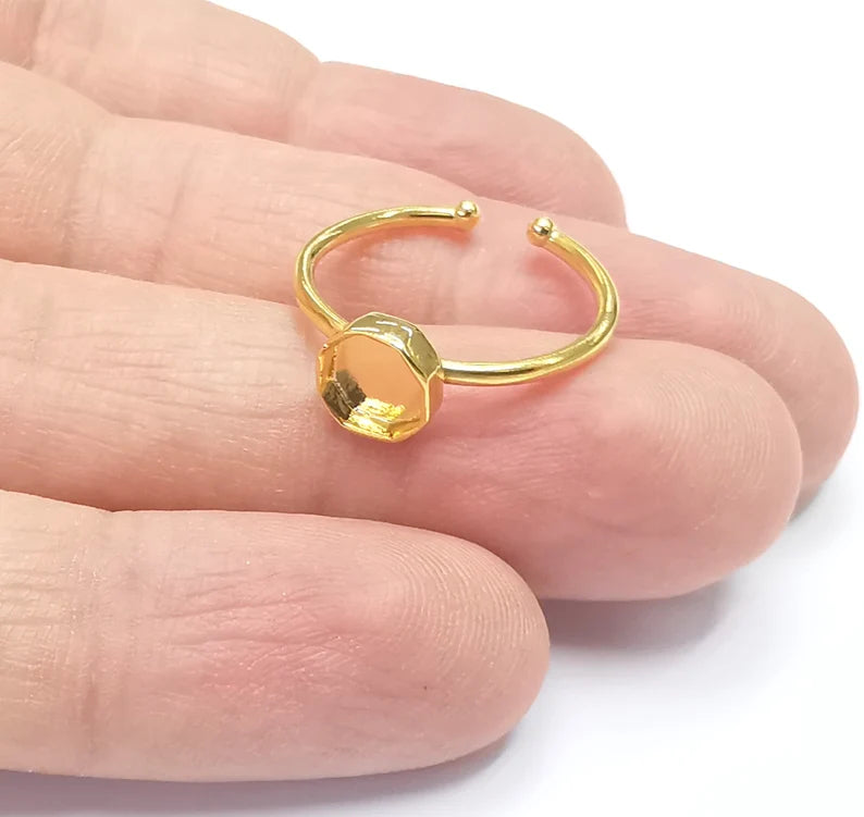 Shiny Gold Octagon Ring Bezels Settings Resin Backs Cabochon Mounting Gold Plated Brass Adjustable Ring Base (6mm blank) G26707