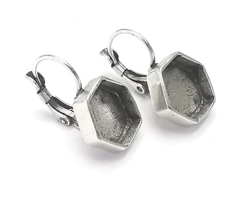 Hexagon Silver Earring Set Base Clips Wire Antique Silver Plated Brass Earring Base (10mm blank) G26713