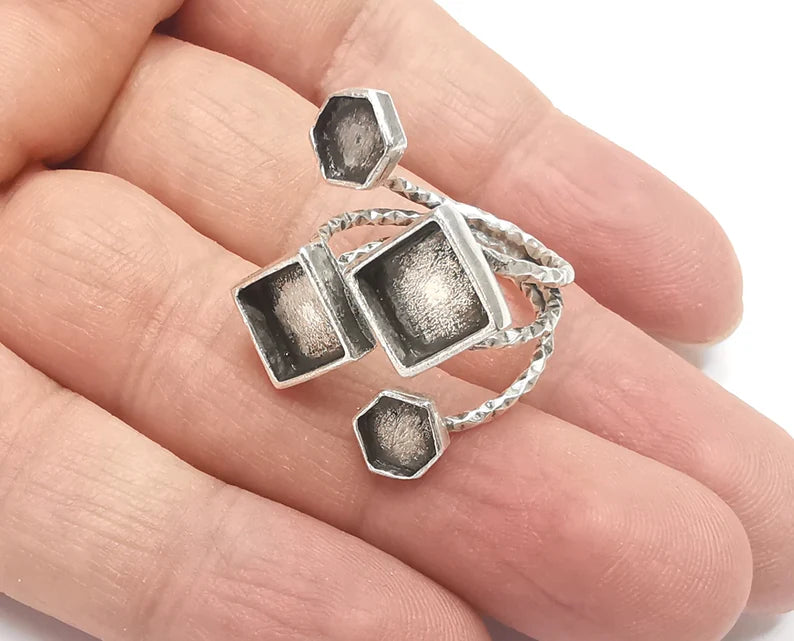 Textured Hexagon Square Silver Ring Setting Blank Cabochon Mounting Adjustable Ring Base Bezel Antique Silver Plated Brass (8-6 mm) G26717