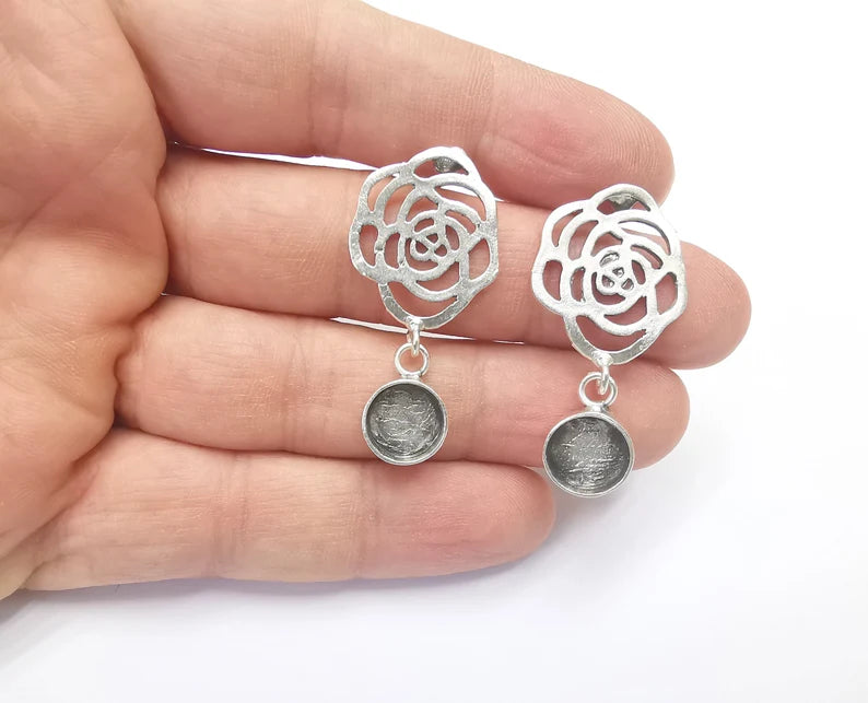 Rose Flower Dangle Earring Base Wire Earring Blank Antique Silver Plated Brass Earring Base (10mm blank) G26716