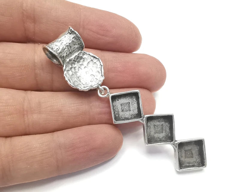 Hammered Dangle Pendant Blank Resin Bezel Mosaic Mountings Cabochon Setting Antique Silver Plated Brass (82x14mm)(10mm Bezel Size) G26720