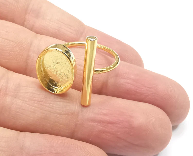 Rod Oval Shiny Gold Ring Bezels Settings Resin Backs Cabochon Mounting Gold Plated Brass Adjustable Ring Base (14x10mm blank) G26722