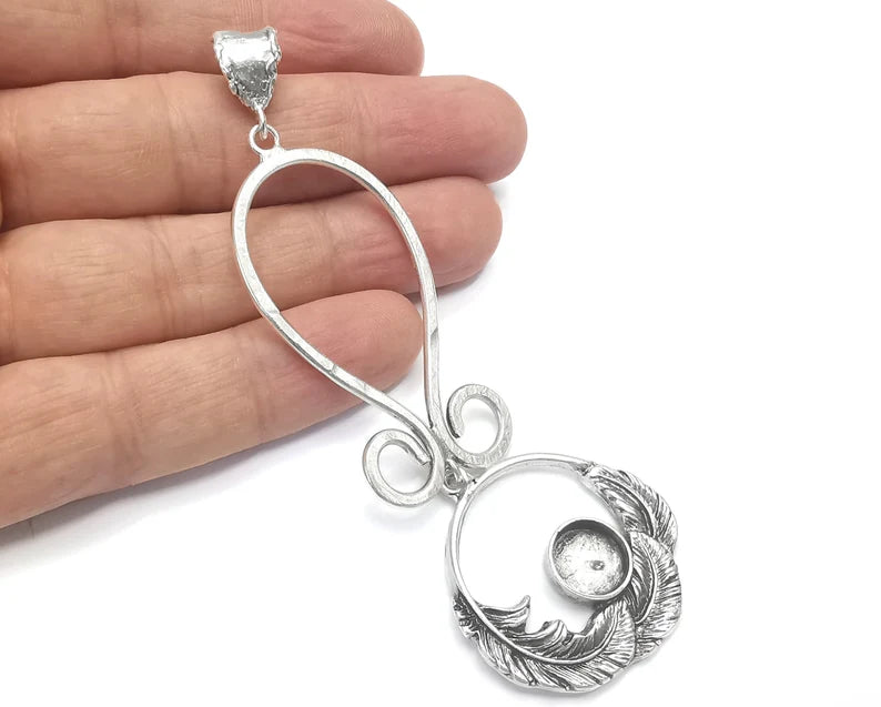 Feather Dangle Pendant Blank Resin Bezel Mosaic Mountings Cabochon setting Antique Silver Plated Brass (100x33mm)(10mm Bezel Size) G26725