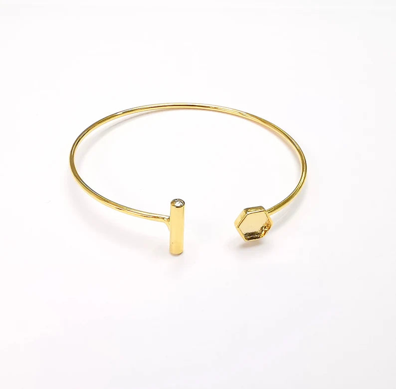 Shiny Gold Hexagon Bracelet Blanks, Cuff Bezels Cabochon Bases Resin Mountings, Cuff Frame, Adjustable Gold Plated Brass(6mm bezel) G26487