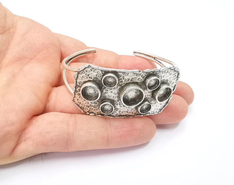 Silver Hammered Bracelet Blank Cuff Bezel Cabochon Base Resin Mountings Adjustable Antique Silver Plated Brass (10mm-8mm-6mm Blanks) G26490