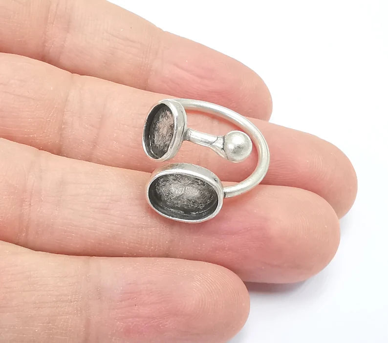 Oval Blank Silver Ring Setting Cabochon Mounting Adjustable Ring Base Bezel Antique Silver Plated Brass ( 11x8mm - 9x6mm blanks) G26492