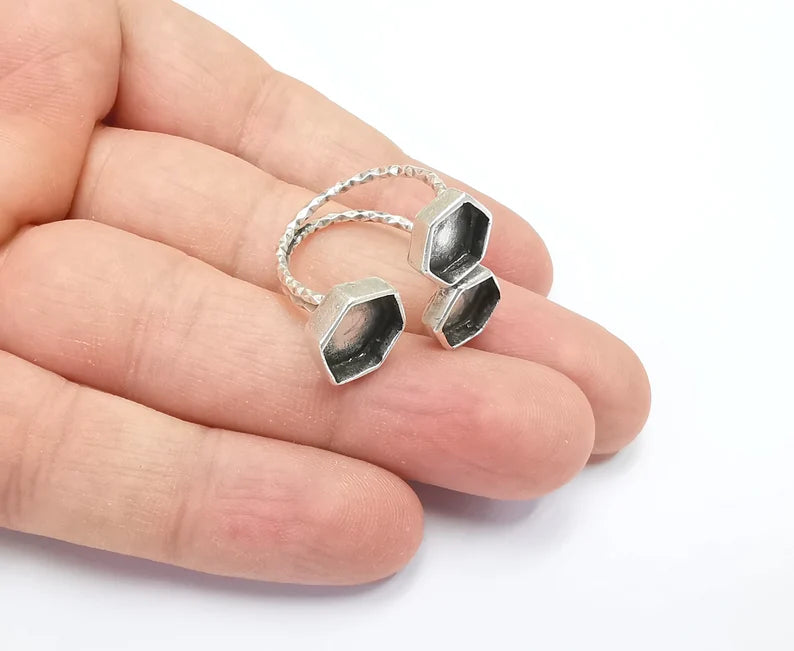 Hexagon Ring Bases, Ring Blanks, Ring Bezel Setting, Ring Frame, Cabochon Mountings Adjustable Antique Silver Plated Brass G26493