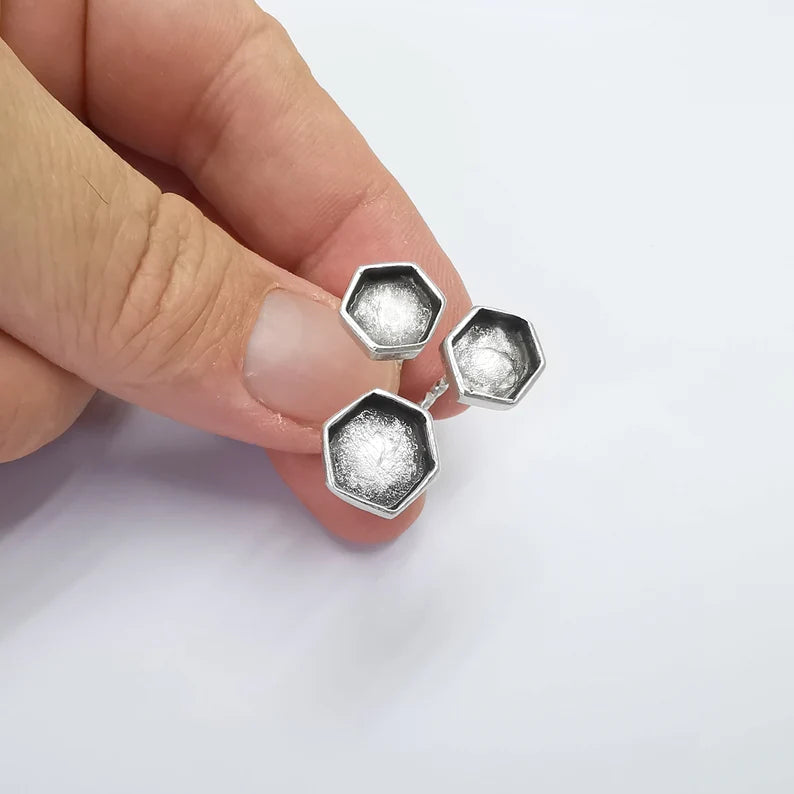 Hexagon Ring Bases, Ring Blanks, Ring Bezel Setting, Ring Frame, Cabochon Mountings Adjustable Antique Silver Plated Brass G26493